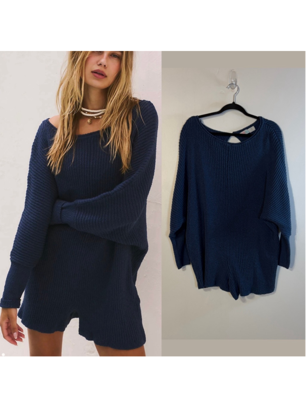 Free People Beach Misty Sweater Romper Women's XS Slouchy Oversized Blue